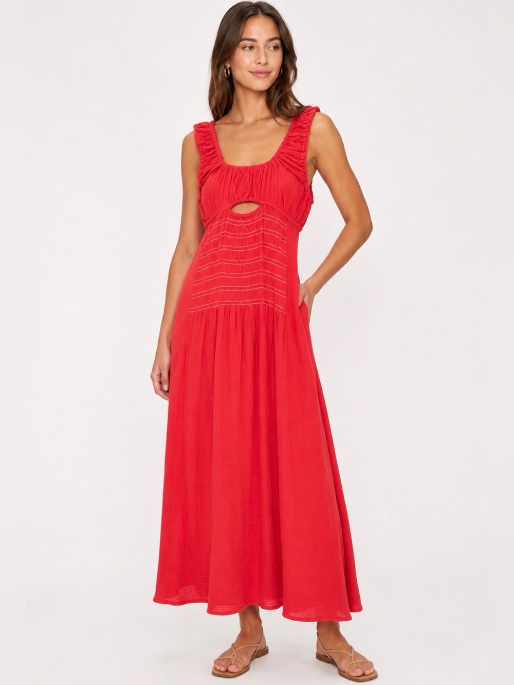 Toit Volant Red Cotton Cutout Smocked Maxi Dress M/L NWT Made in USA MSRP: $298